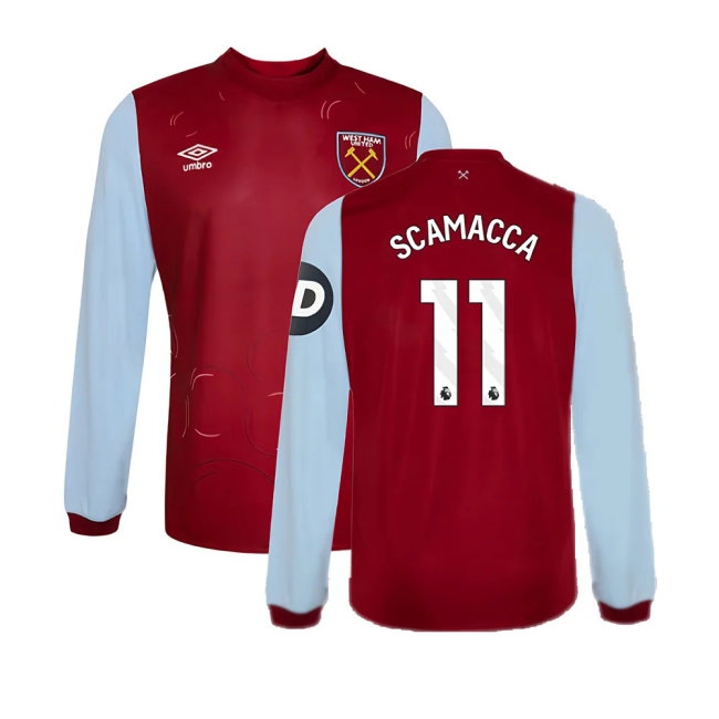 2023-2024 West Ham Long Sleeve Home Shirt (Kids) (SCAMACCA 11) — Buy Now