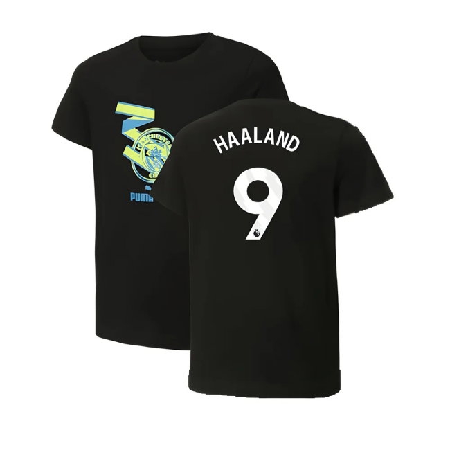 2024-2025 Man City ftblCulture Tee (Black) (Haaland 9) — Shop Now