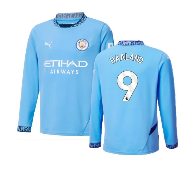 2024-2025 Man City Home Long Sleeve Shirt (Kids) (Haaland 9) — Buy Now