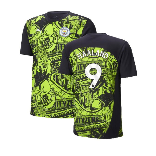 2024-2025 Man City Pre-Match Shirt (Yellow Glow) (Haaland 9) — Buy Online