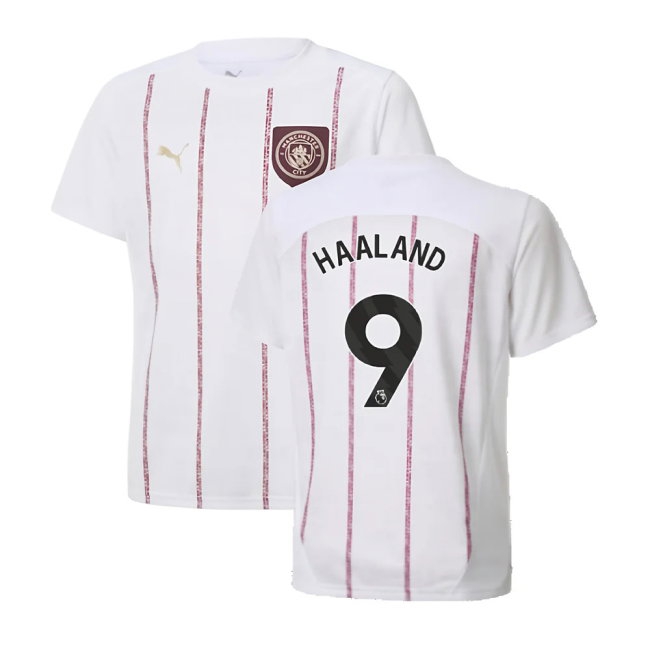 2024-2025 Man City Prematch SS Jersey (White) - Kids (Haaland 9) — Buy Online