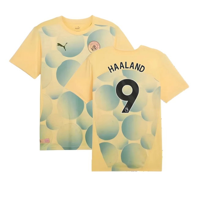 2024-2025 Man City Prematch SS Shirt (Flaxen) (Haaland 9) — Shop Now