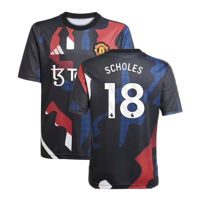 2024-2025 Man Utd Pre-Match Jersey (Black) - Kids (Scholes 18) — Buy Now
