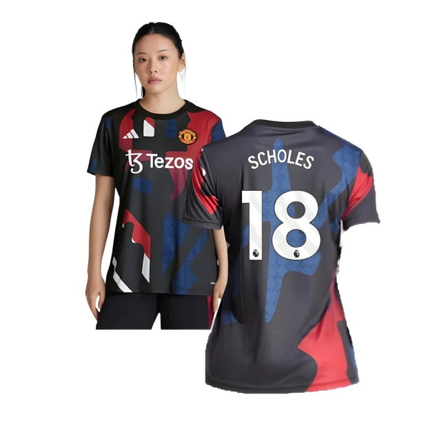 2024-2025 Man Utd Pre-Match Shirt (Black) - Womens (Scholes 18) — Buy Online