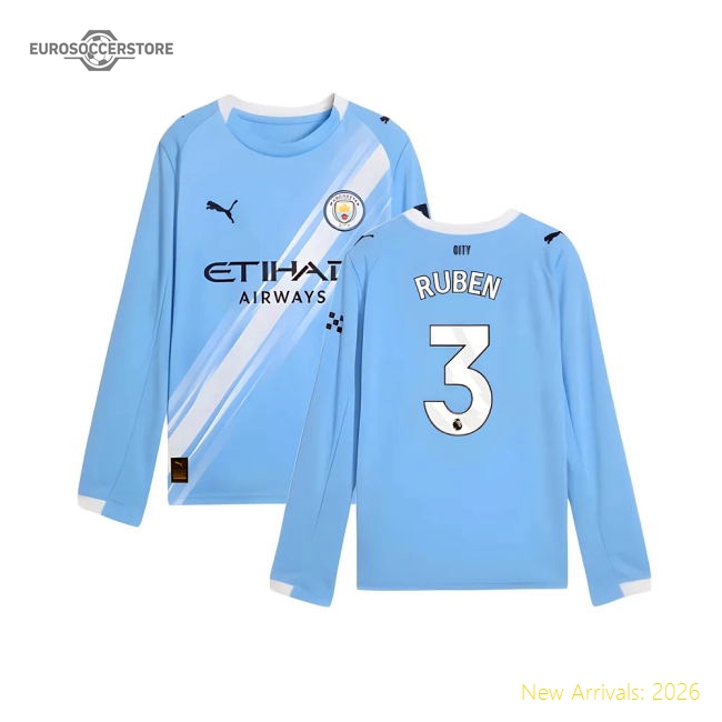 2025-2026 Man City Long Sleeve Home Shirt (Kids) (Ruben 3)-Football Jersey Hub