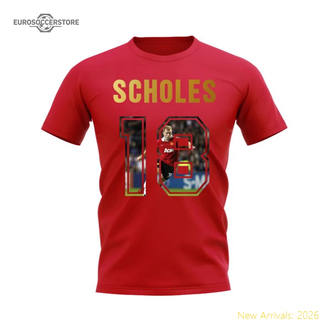 Paul Scholes Name And Number Manchester United T-Shirt (Red)-Football Jersey Hub