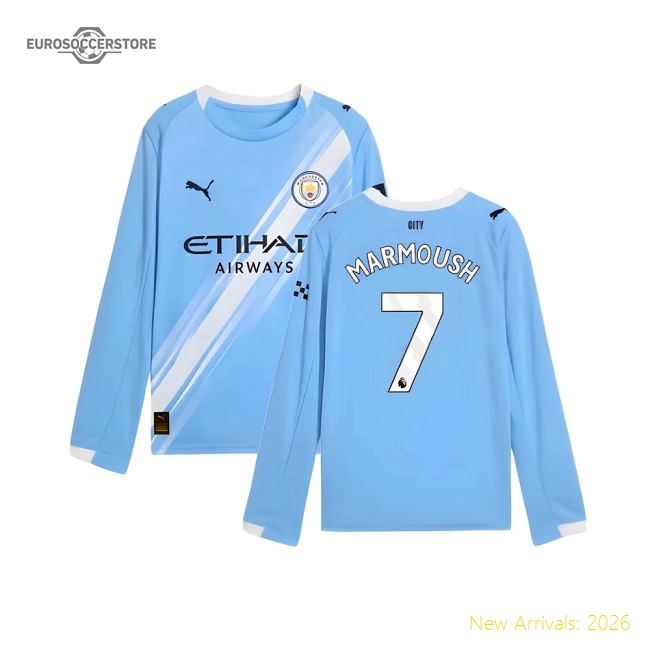 2025-2026 Man City Long Sleeve Home Shirt (Kids) (Marmoush 7)-Football Jersey Hub