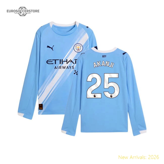 2025-2026 Man City Long Sleeve Home Shirt (Kids) (Akanji 25)-Football Shirts Shop