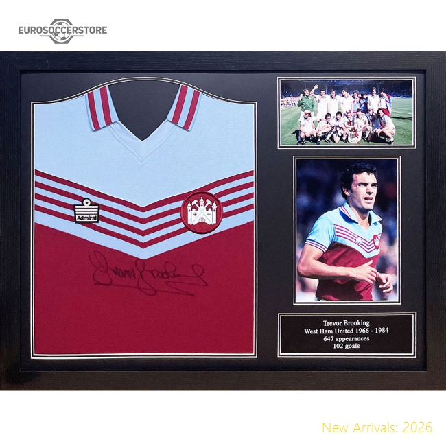 West Ham United FC 1980 Brooking Signed Shirt (Framed)-Vantage Point Soccer