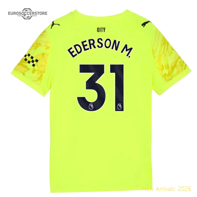 2025-2026 Man City Goalkeeper Third Shirt (Yellow) - Kids (Ederson M. 31)-Football Jersey Hub