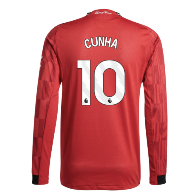 2025-2026 Man Utd Authentic Long Sleeve Home Shirt (Cunha 10)-Football Jersey Hub