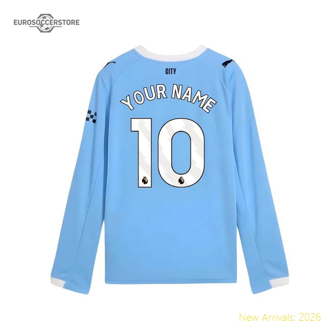 2025-2026 Man City Long Sleeve Home Shirt (Kids) (Your Name)-Football Jersey Hub