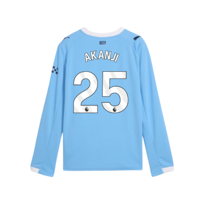 2025-2026 Man City Long Sleeve Home Shirt (Kids) (Akanji 25)-Football Shirts Shop