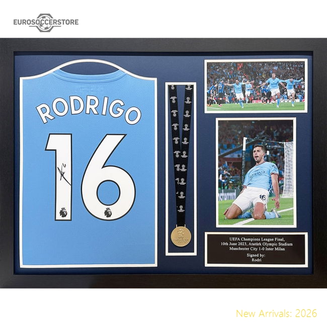 Manchester City FC Rodri Signed Shirt & Medal (Framed)-Football Shirts Shop