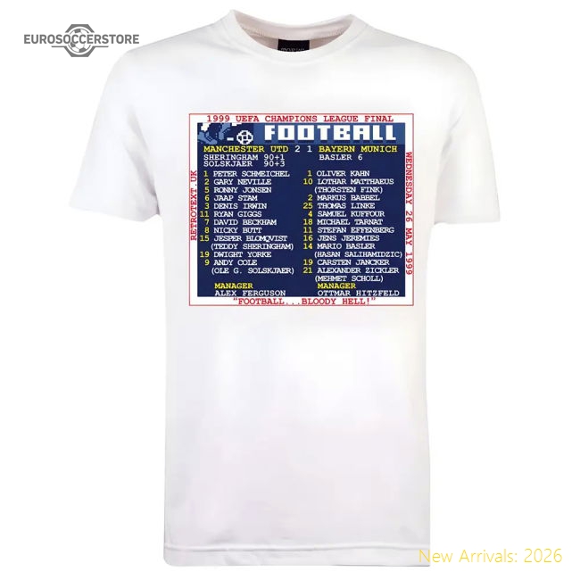 1999 Champions League Final (Man United) Retrotext T-Shirt-Football Jersey Hub