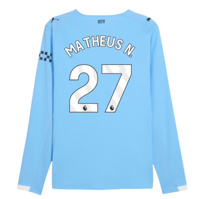 2025-2026 Man City Authentic Long Sleeve Home Shirt (Matheus N. 27)-Football Shirts Shop