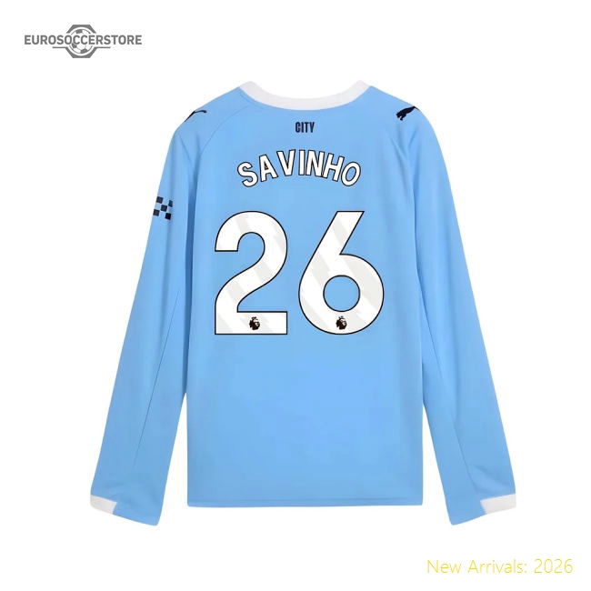 2025-2026 Man City Long Sleeve Home Shirt (Kids) (Savinho 26)-Football Jersey Hub