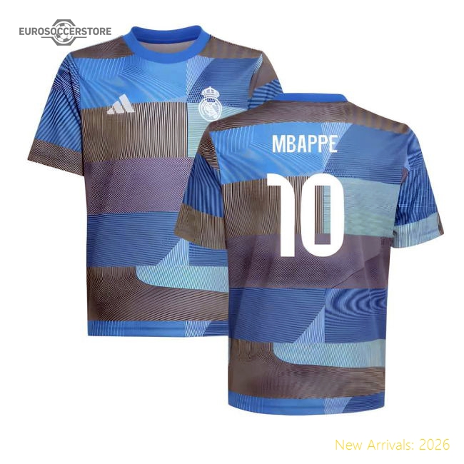 2025-2026 Real Madrid Pre-Match Shirt (Blue) - Kids (Mbappe 10)-Football Shirts Shop