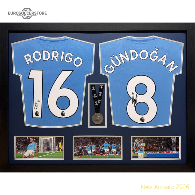 Manchester City FC Rodri & Gundogan Signed Shirts & Medal (Dual Framed)-Football Shirts Shop