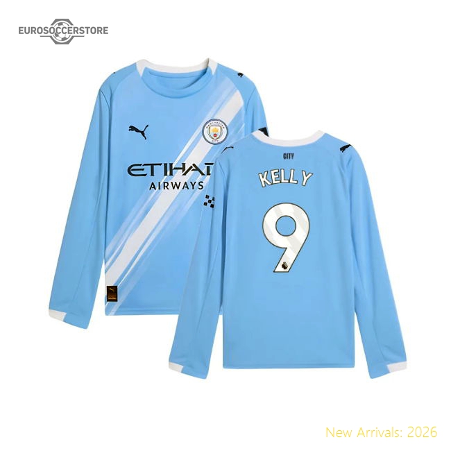 2025-2026 Man City Long Sleeve Home Shirt (Kids) (Kelly 9)-Football Jersey Hub