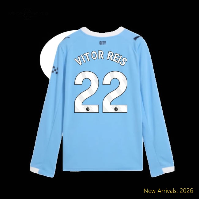 2025-2026 Man City Long Sleeve Home Shirt (Kids) (Vitor Reis 22)-Football Jersey Hub