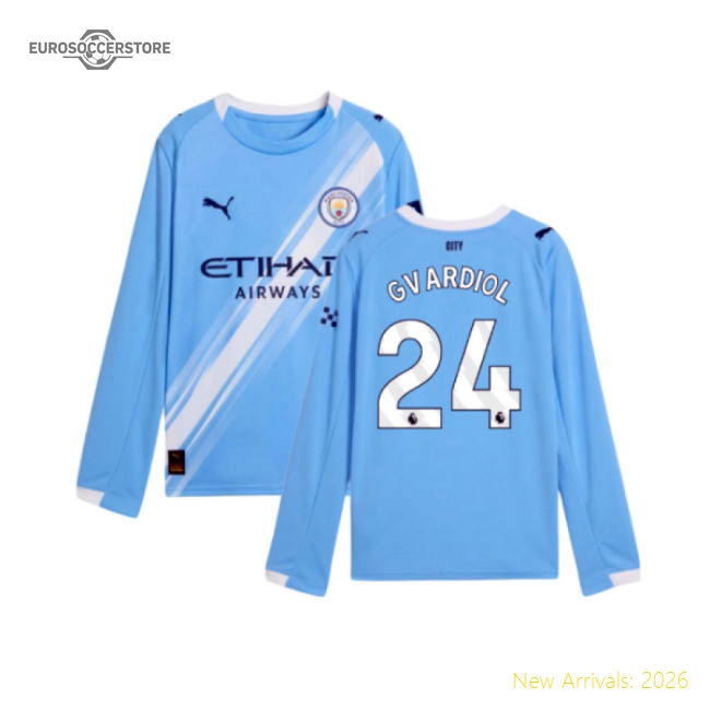 2025-2026 Man City Long Sleeve Home Shirt (Kids) (Gvardiol 24)-Football Jersey Hub