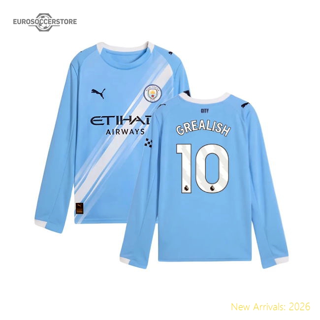 2025-2026 Man City Long Sleeve Home Shirt (Kids) (Grealish 10)-Football Jersey Hub