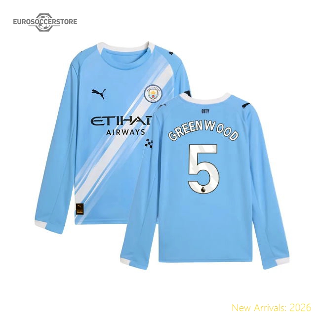2025-2026 Man City Long Sleeve Home Shirt (Kids) (Greenwood 5)-Football Jersey Hub