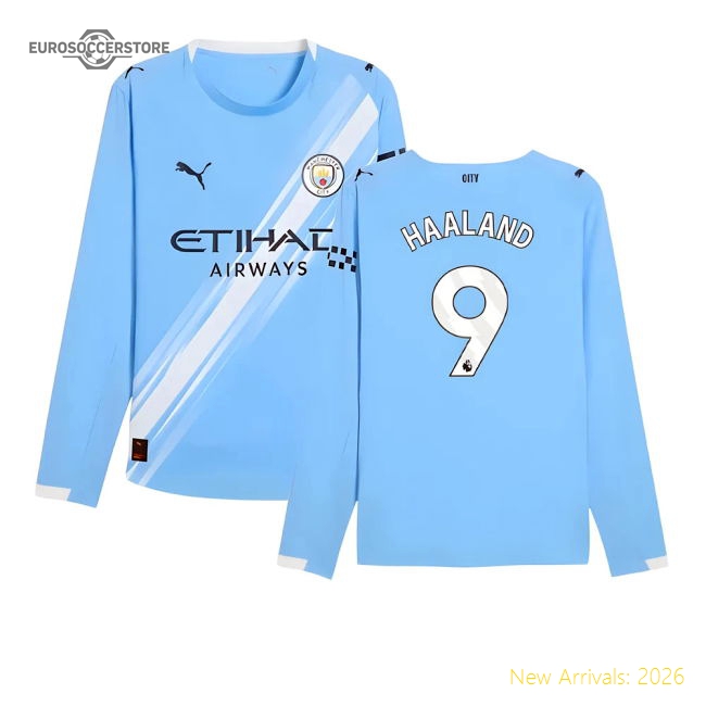 2025-2026 Man City Authentic Long Sleeve Home Shirt (Haaland 9)-Football Shirts Shop