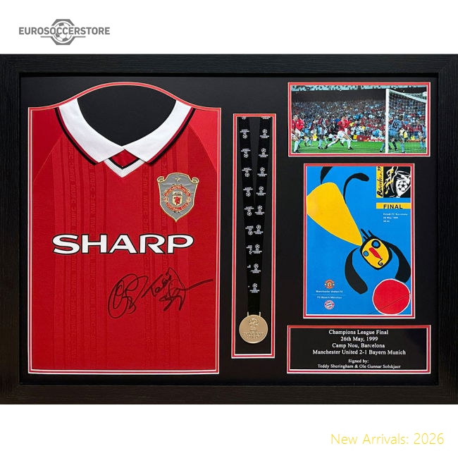 Manchester United FC 1999 Solskjaer & Sheringham Signed Shirt & Medal (Framed)-Football Jersey Hub