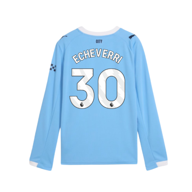 2025-2026 Man City Long Sleeve Home Shirt (Kids) (Echeverri 30)-Football Shirts Shop