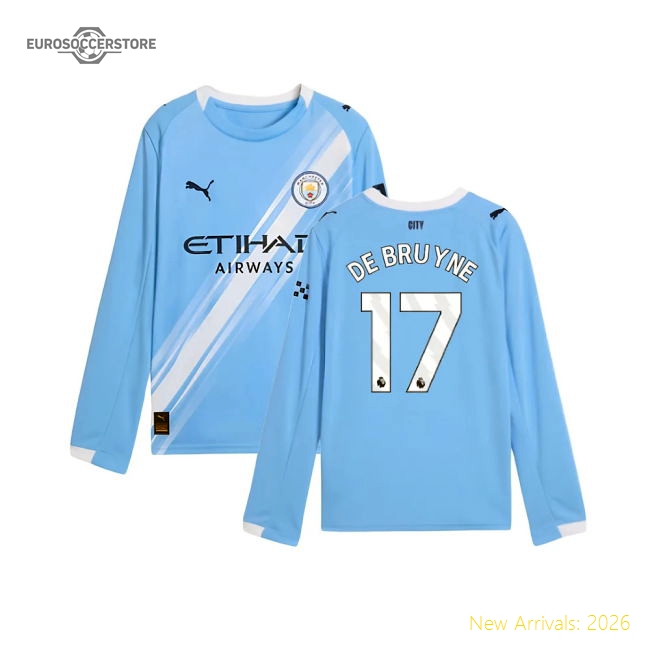 2025-2026 Man City Long Sleeve Home Shirt (Kids) (De Bruyne 17)-Football Shirts Shop