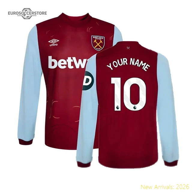 2023-2024 West Ham Long Sleeve Home Shirt (Your Name)-Vantage Point Soccer