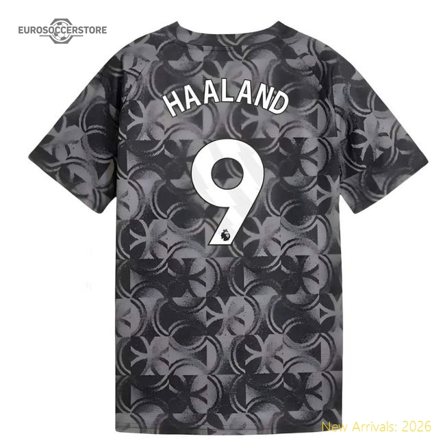 2025-2026 Man City Warm Up Jersey (Black) - Kids (Haaland 9)-Football Shirts Shop