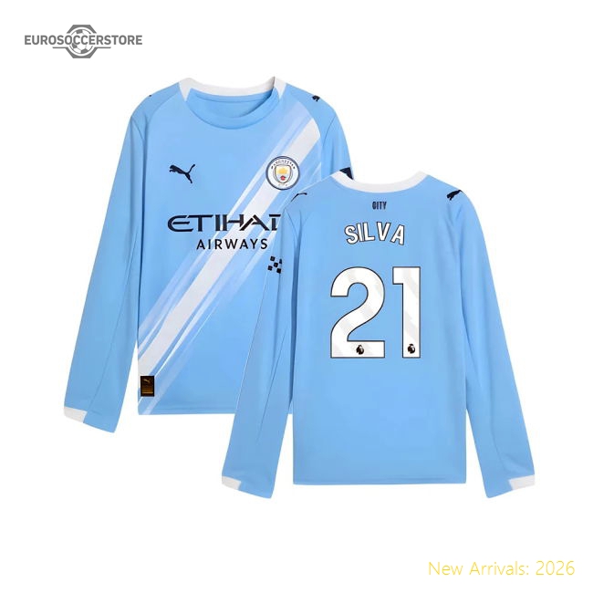 2025-2026 Man City Long Sleeve Home Shirt (Kids) (Silva 21)-Football Jersey Hub