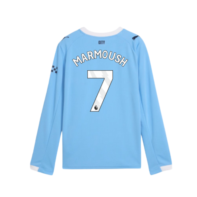 2025-2026 Man City Long Sleeve Home Shirt (Kids) (Marmoush 7)-Football Jersey Hub