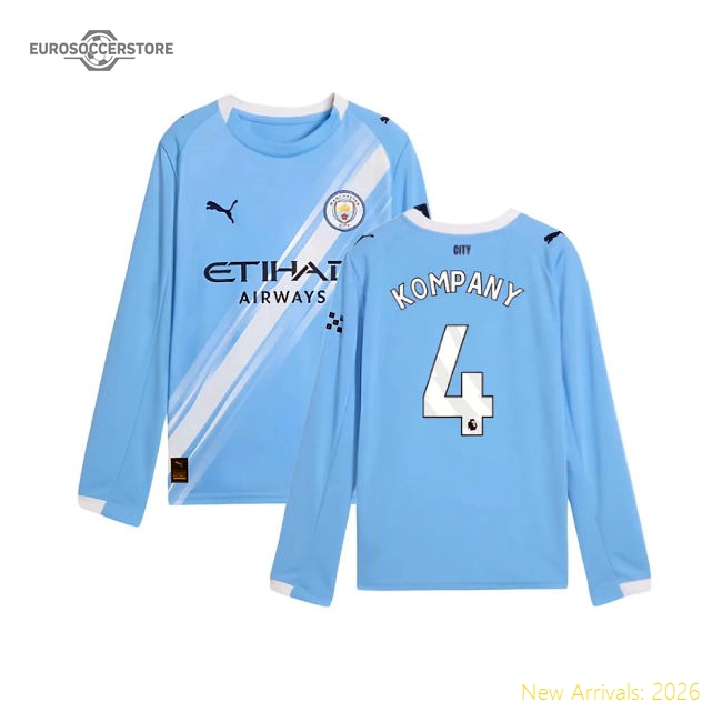 2025-2026 Man City Long Sleeve Home Shirt (Kids) (Kompany 4)-Football Jersey Hub