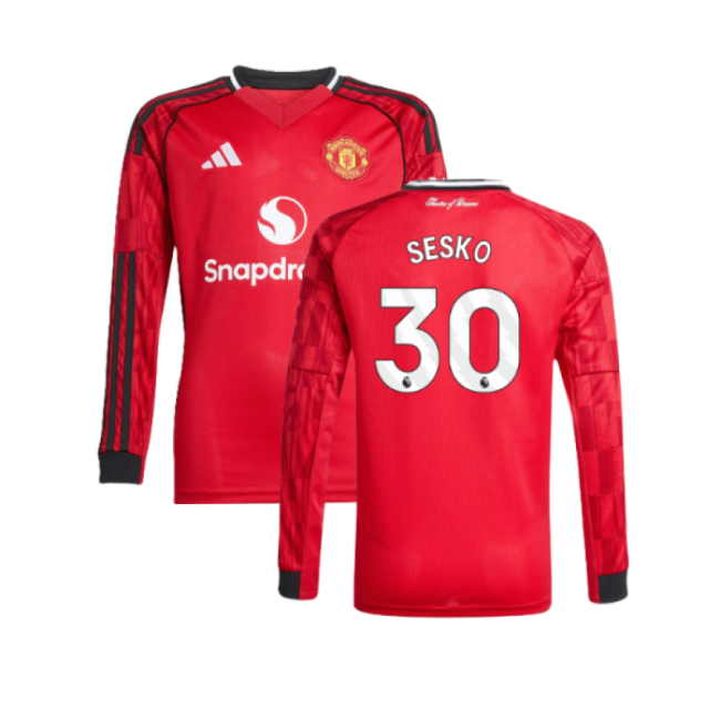 2025-2026 Man Utd Long Sleeve Home Shirt (Kids) (Sesko 30)-Football Jersey Hub