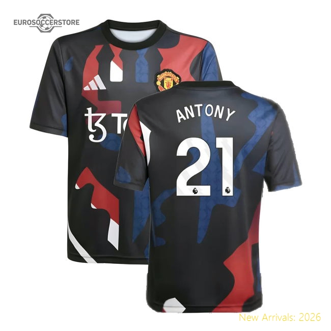 2024-2025 Man Utd Pre-Match Jersey (Black) - Kids (Antony 21)-Football Jersey Hub