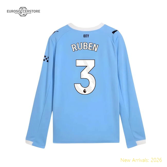 2025-2026 Man City Long Sleeve Home Shirt (Kids) (Ruben 3)-Football Jersey Hub