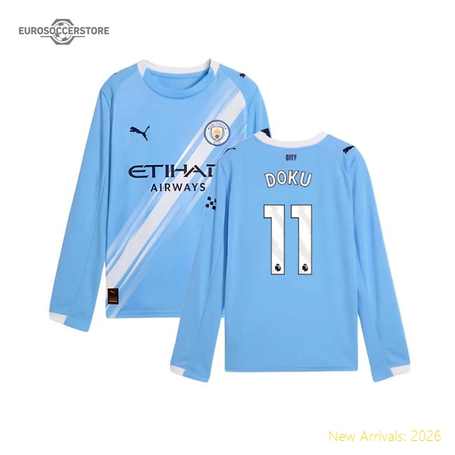 2025-2026 Man City Long Sleeve Home Shirt (Kids) (Doku 11)-Football Shirts Shop