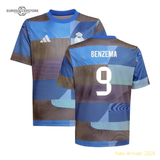 2025-2026 Real Madrid Pre-Match Shirt (Blue) - Kids (Benzema 9)-Football Shirts Shop