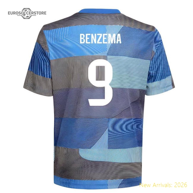 2025-2026 Real Madrid Pre-Match Shirt (Blue) - Kids (Benzema 9)-Football Shirts Shop