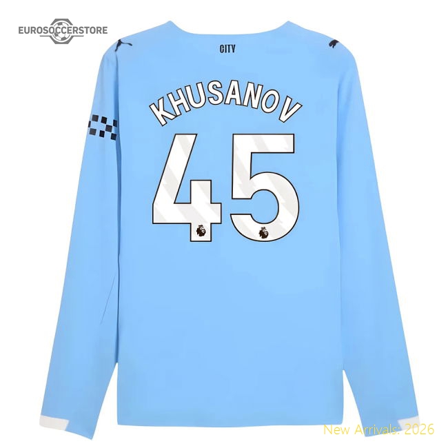 2025-2026 Man City Authentic Long Sleeve Home Shirt (Khusanov 45)-Football Shirts Shop