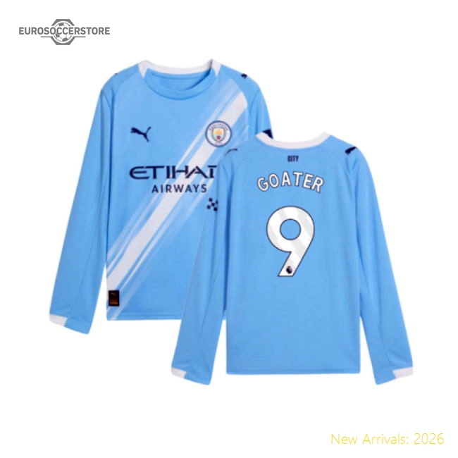 2025-2026 Man City Long Sleeve Home Shirt (Kids) (Goater 9)-Football Jersey Hub