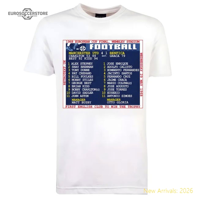 1968 European Cup Final (Man Utd) Retrotext T-Shirt - White-Football Jersey Hub