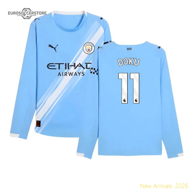 2025-2026 Man City Authentic Long Sleeve Home Shirt (Doku 11)-Football Shirts Shop