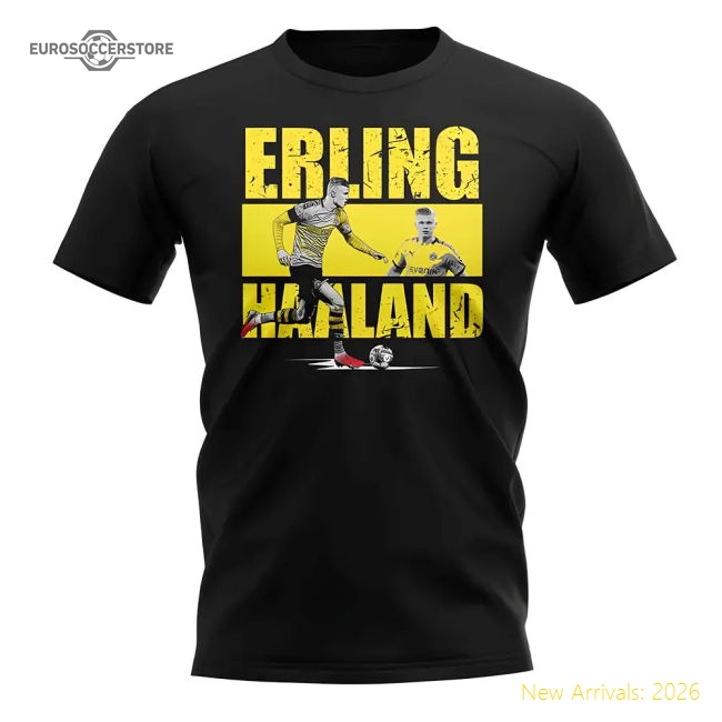 Borussia Dortmund Erling Haaland Player Collage T-Shirt (Black)-Jersey Chest: 2026 World Cup Soccer Kits