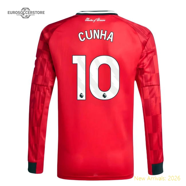 2025-2026 Man Utd Long Sleeve Home Shirt (Kids) (Cunha 10)-Football Jersey Hub