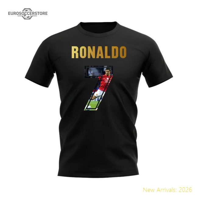 Cristiano Ronaldo Name And Number Manchester United T-Shirt (Black)-Football Jersey Hub